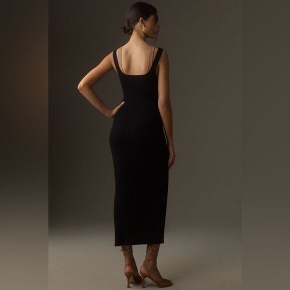 Anthropologie Small Black Knit Ribbed Sleeveless Side-Slit Sweater Midi Dress - Picture 2 of 8